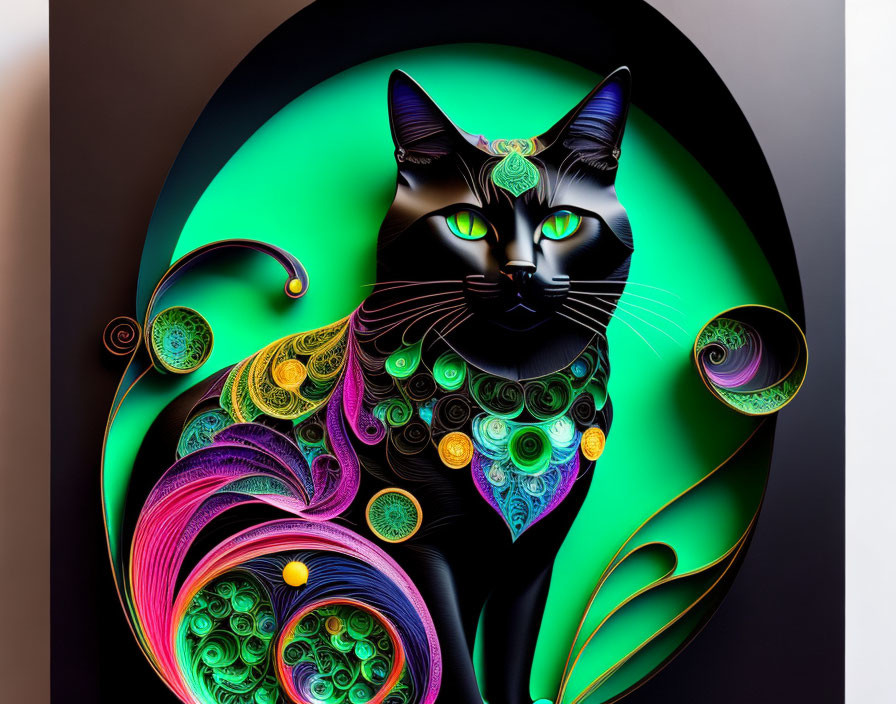 Colorful swirling patterns on cat against dark background