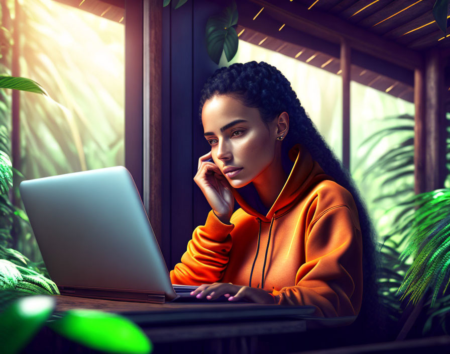 Focused woman in orange hoodie working on laptop in cozy, plant-filled space