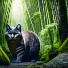 Cosmic cat with starry body and green eyes in mystical bamboo forest