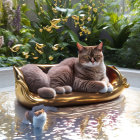 Regal Cat on Gold Cushion with Golden Orbs in Serene Water Setting