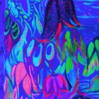 Colorful Psychedelic Mushroom Artwork with Neon Patterns on Blue Background