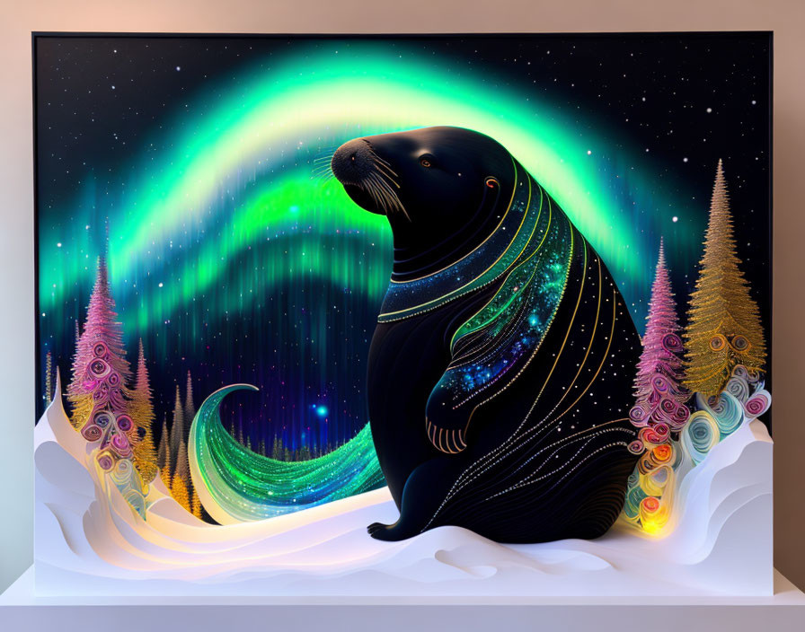 magic 3D walrus with aurora