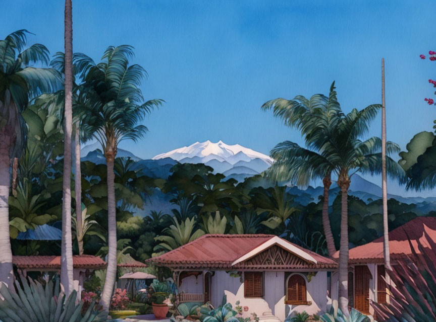 tropical scene with snow-capped mountain