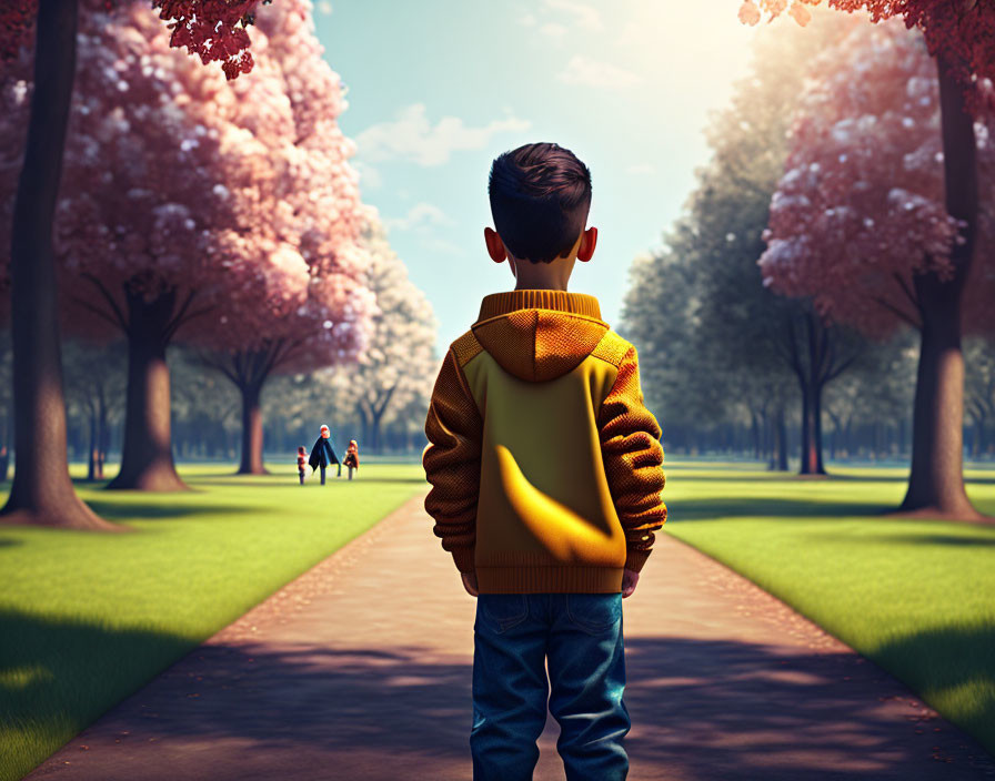 Boy in Yellow Jacket Observing Cherry Blossom Path Scene