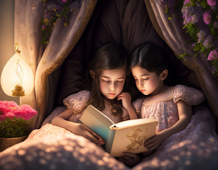 Young girls reading book in blanket fort with lantern and pink flowers