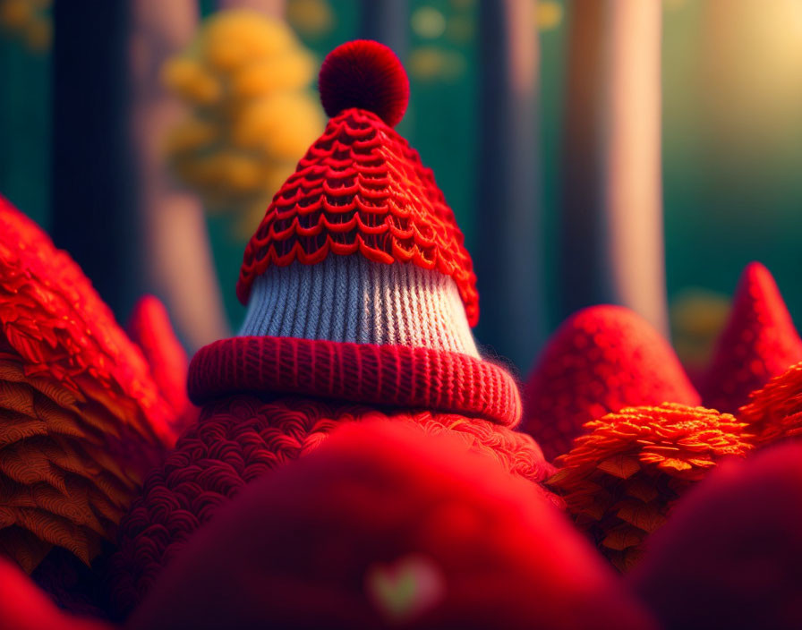 White and Red Knitted Hat with Pom-Pom on Red Textures