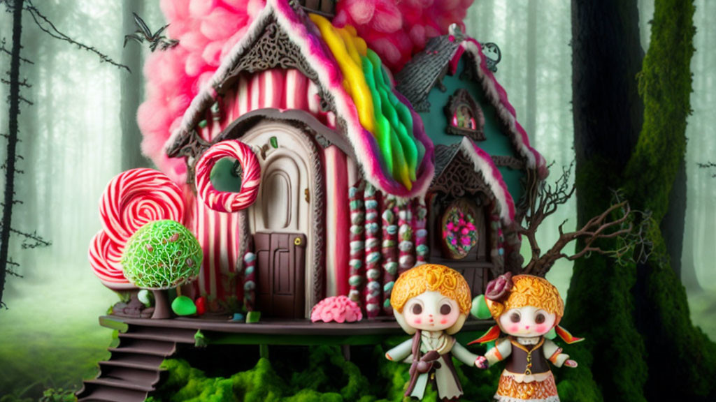 Colorful Candy-Themed Forest Scene with Cute Figurines and Oversized Sweets