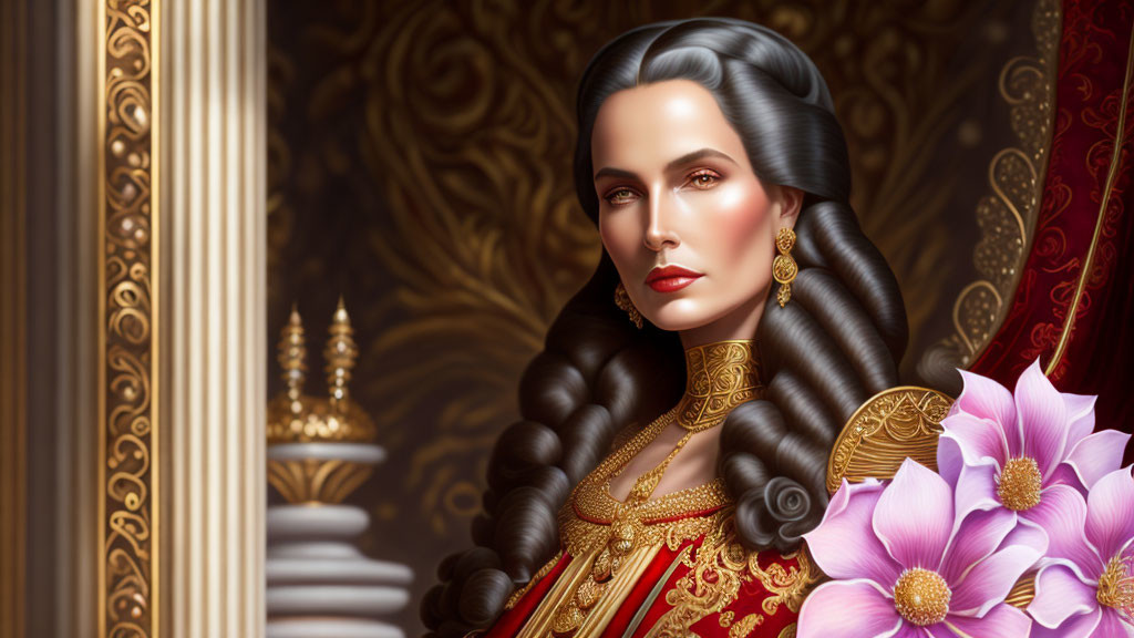Digital portrait of woman in traditional attire with long dark hair amidst ornate golden patterns and pink lotus