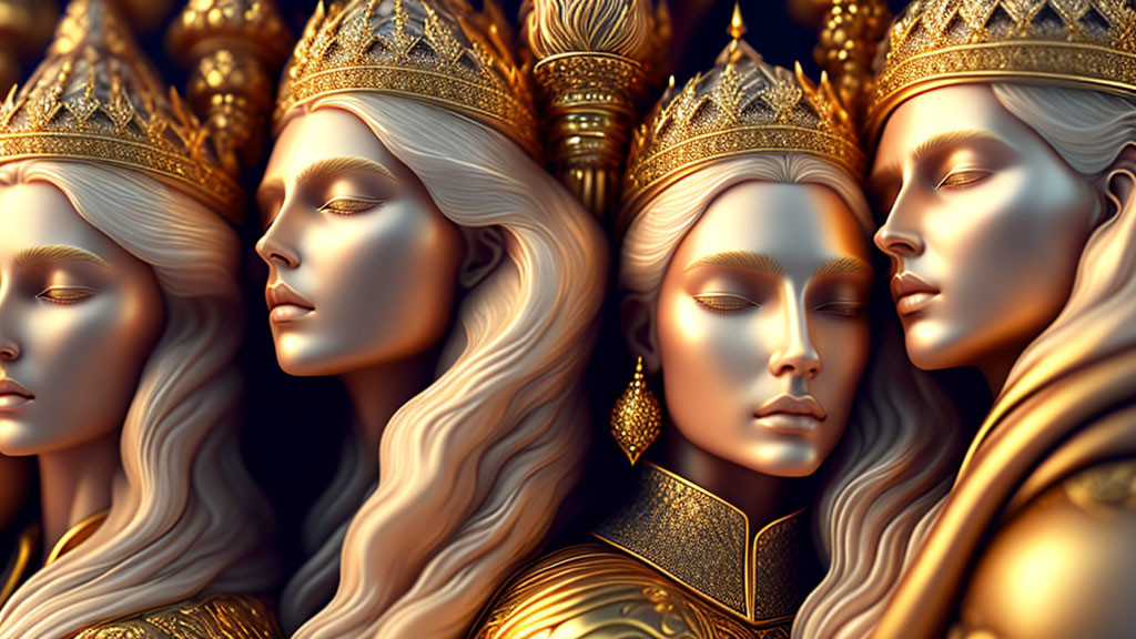 Golden regal figures with ornate crowns and intricate armor of serene female faces.