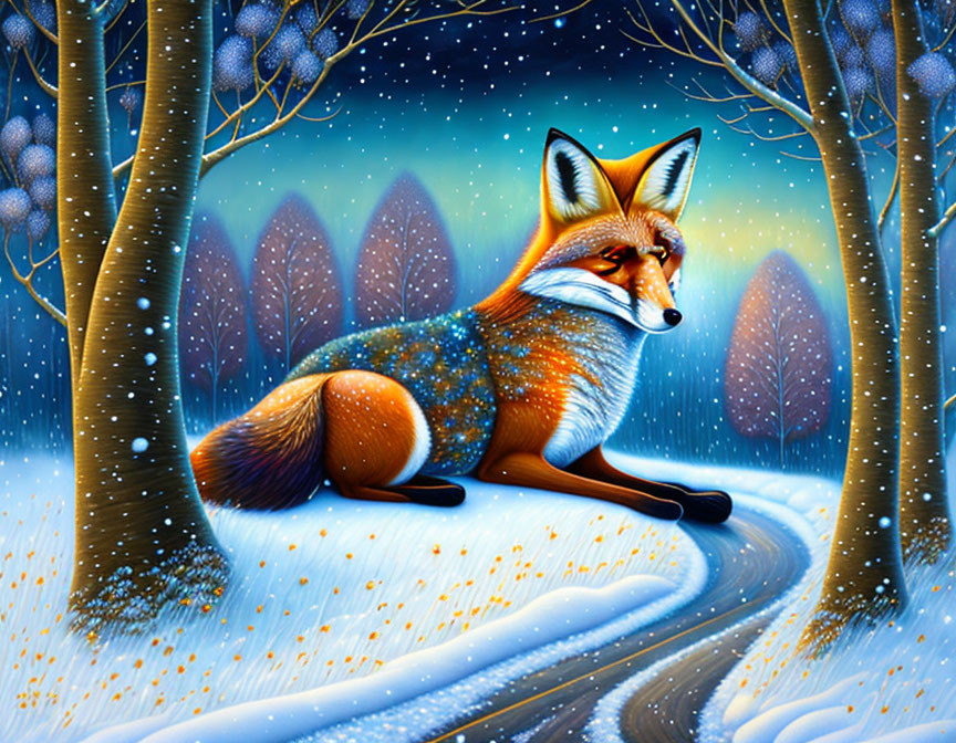 Colorful winter forest illustration with fox and falling snow