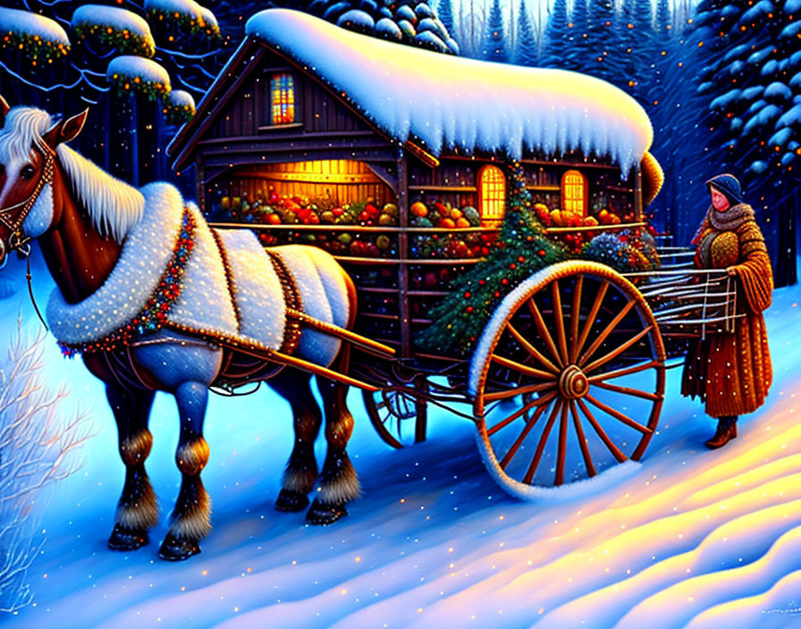 Winter Scene: Horse-Drawn Cart at Festive Cabin