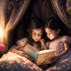 Children reading book in cozy blanket fort with warm lamp and cushions