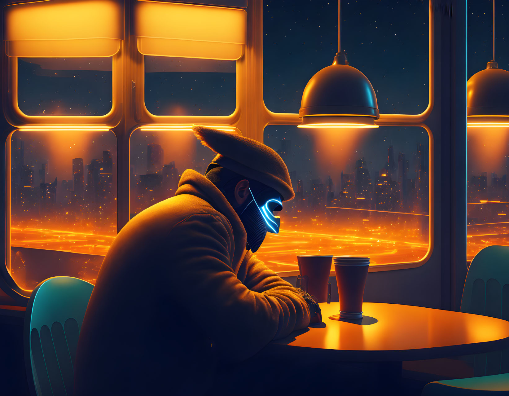 Person with glowing glasses at table in futuristic diner with cityscape view