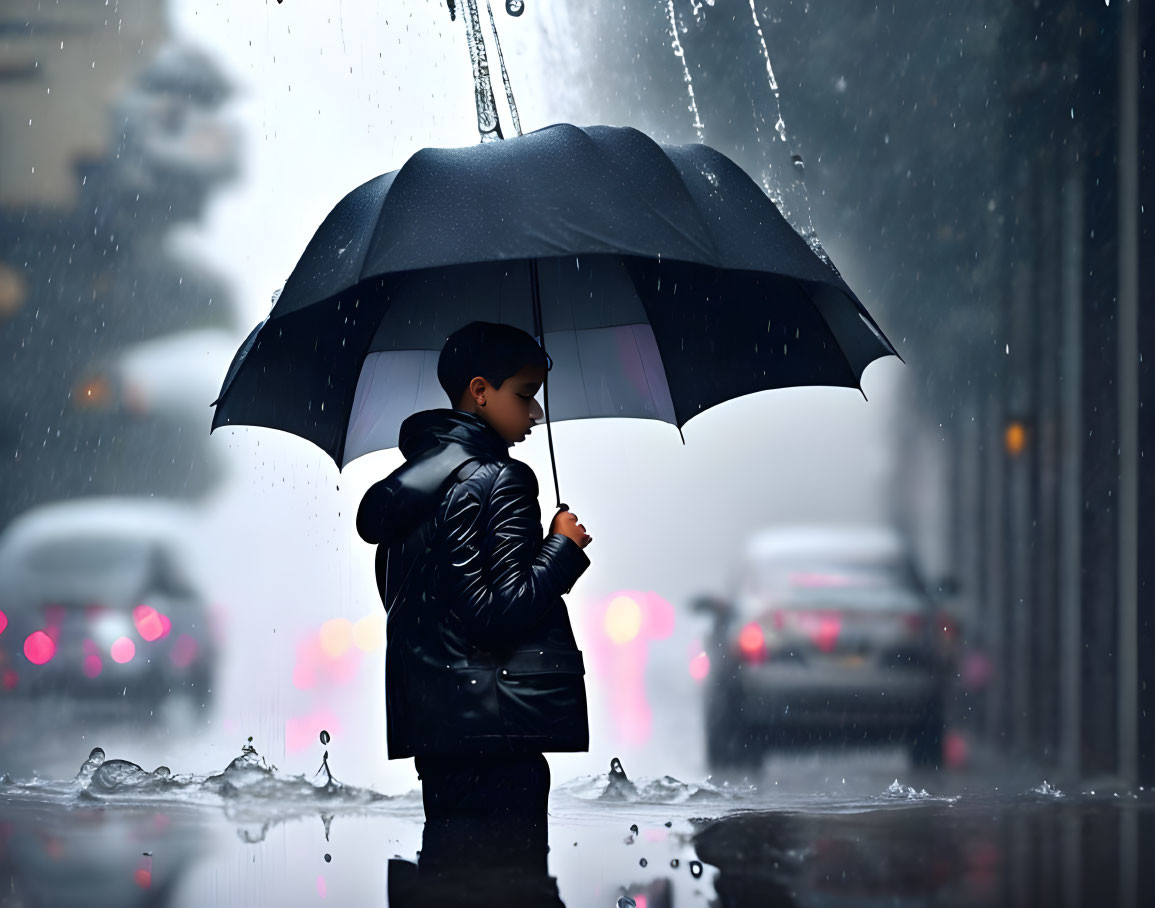 Child with black umbrella in downpour on wet street with city traffic.