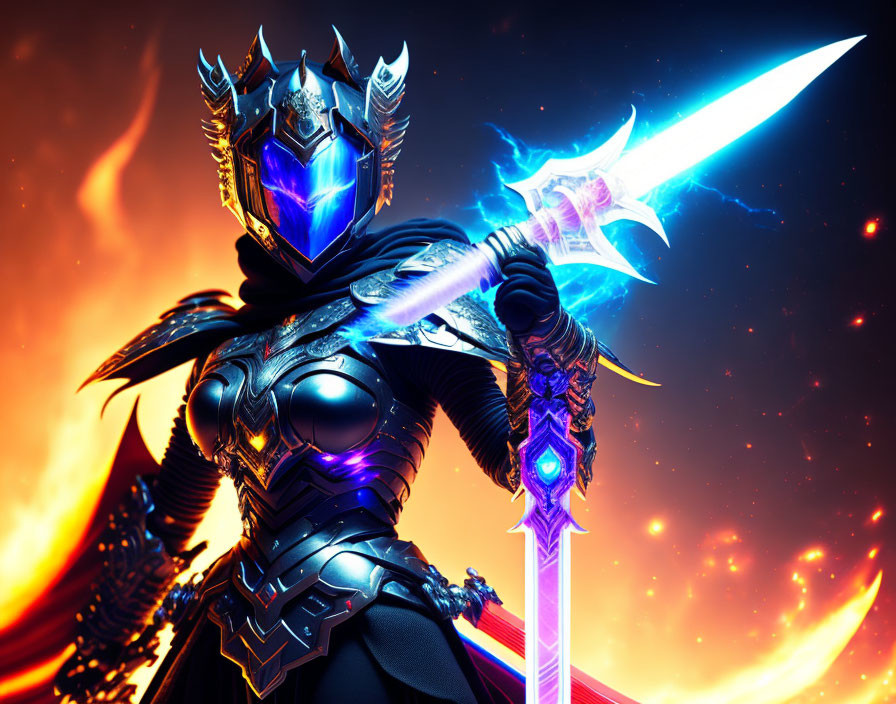 Futuristic warrior in black armor with glowing blue visor and energy sword against fiery backdrop
