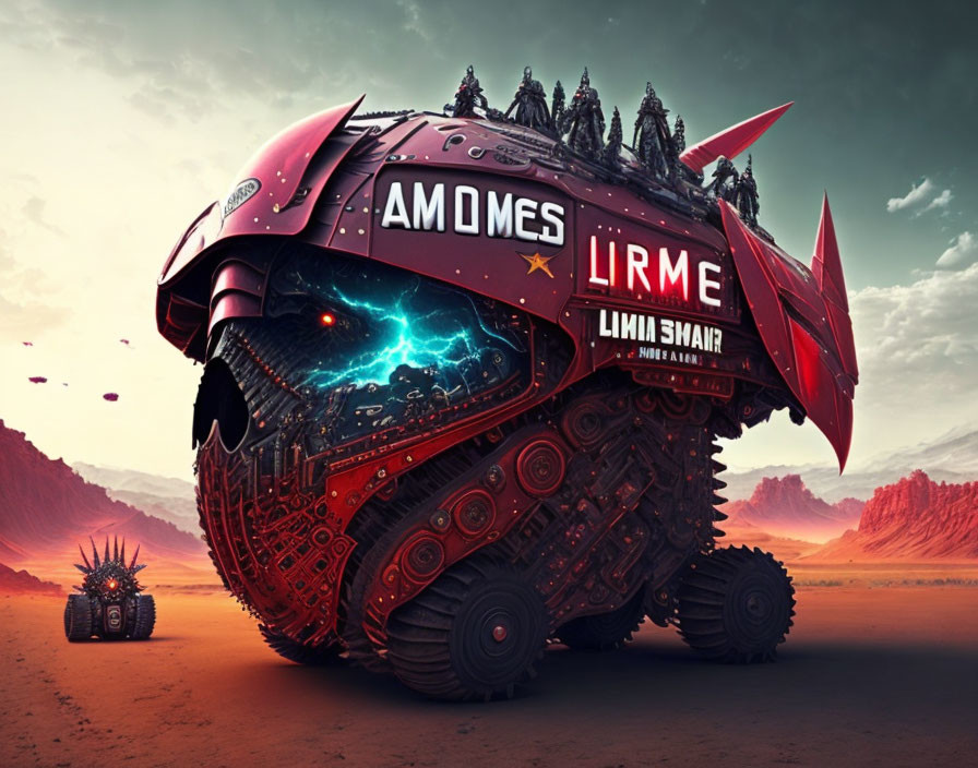 Armored vehicle with spikes and riders on a red landscape under stormy sky