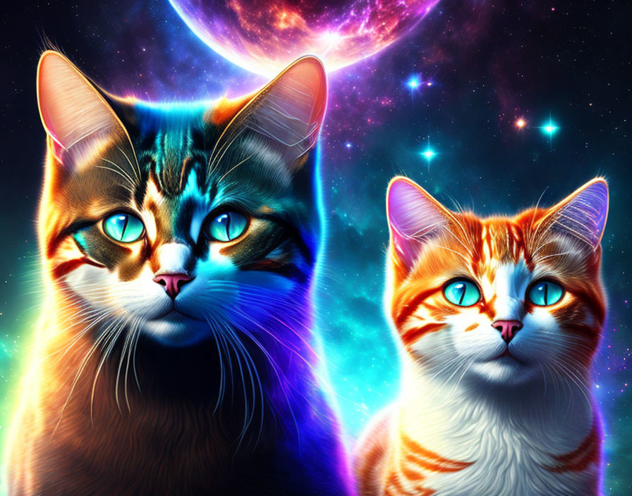 Vibrant stylized cats with glowing eyes in cosmic setting
