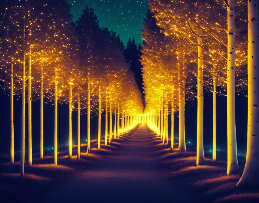 Enchanting pathway with glowing trees under starry night sky