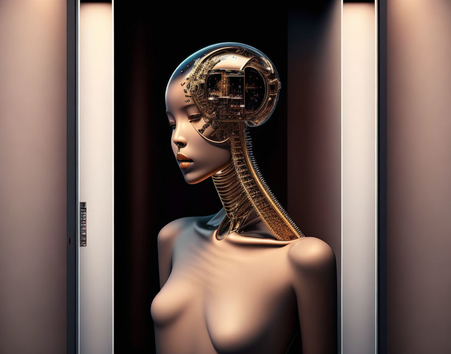 Female android with exposed mechanical parts on dark background