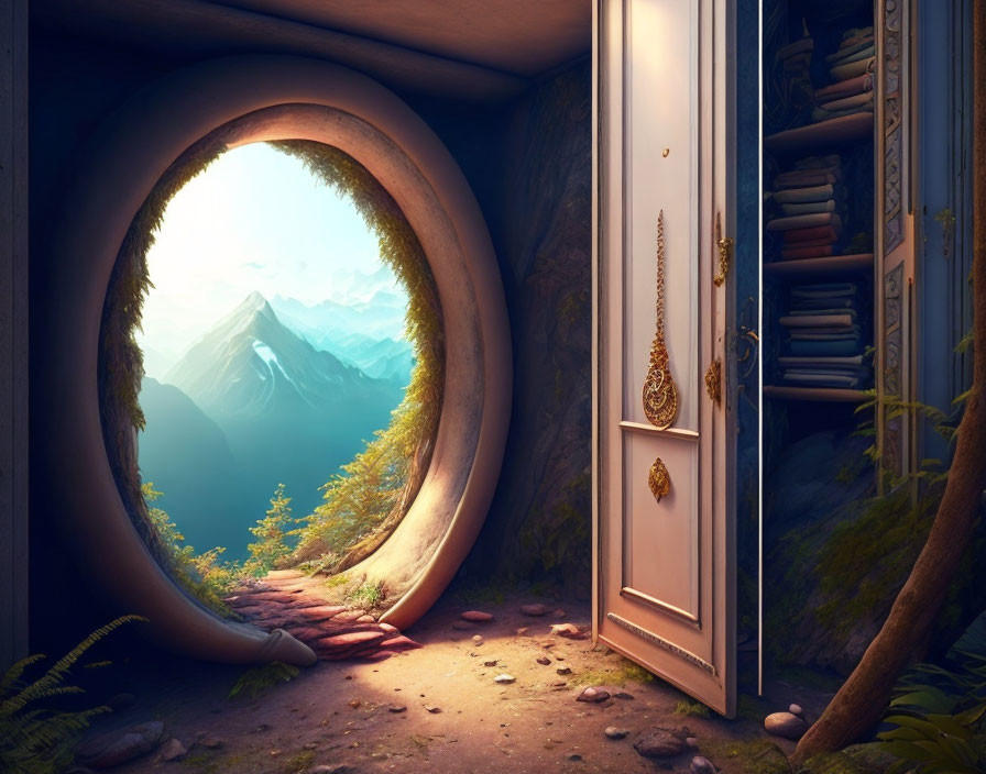 Cozy Room Door Opens to Magical Forest View