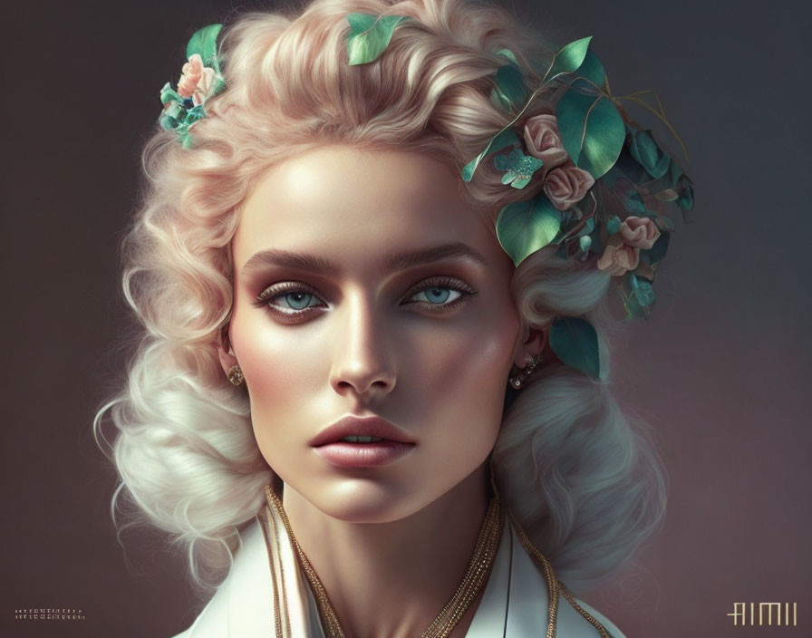 Digital portrait of woman with pale skin, blue eyes, & blonde curly hair with floral accents