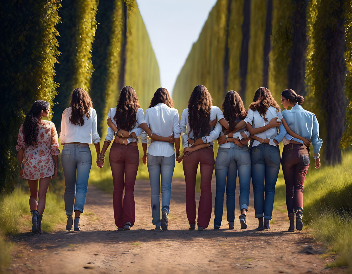 Group of Eight Women Walking Arm-in-Arm Down Tree-Lined Path