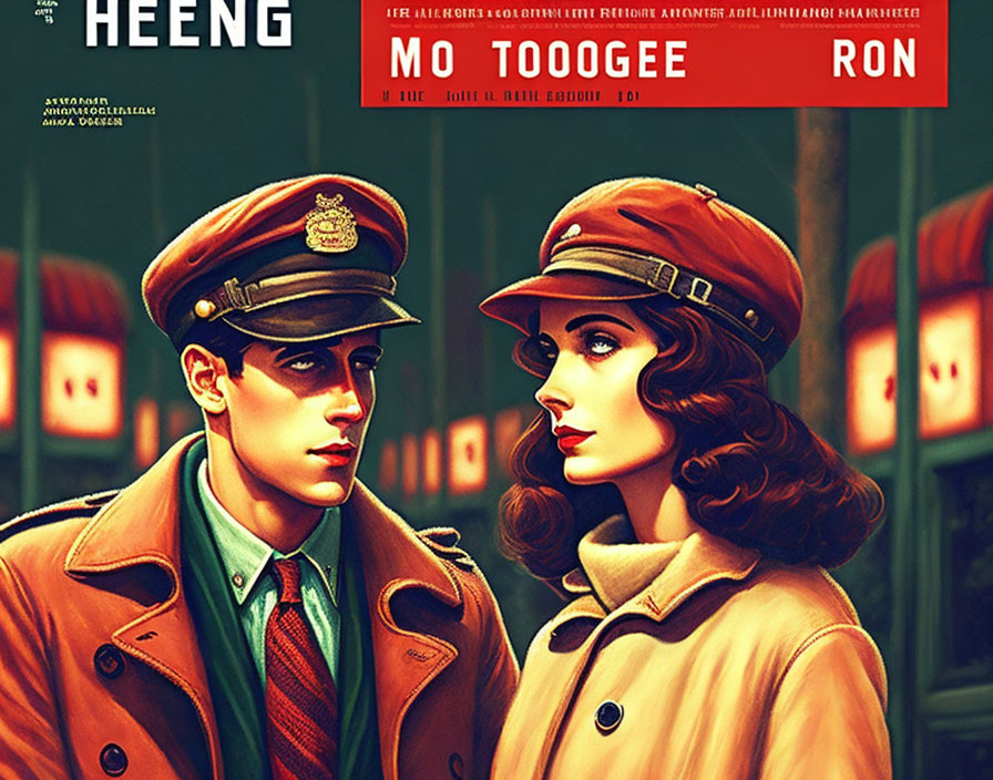 Illustration of man and woman in military uniforms with retro style