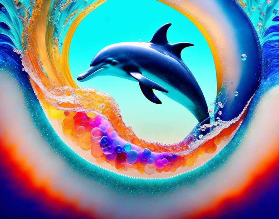 Colorful Dolphin Leaping Through Swirling Wave