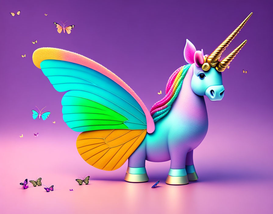 Colorful Unicorn with Butterfly Wings and Rainbow Mane on Purple Background