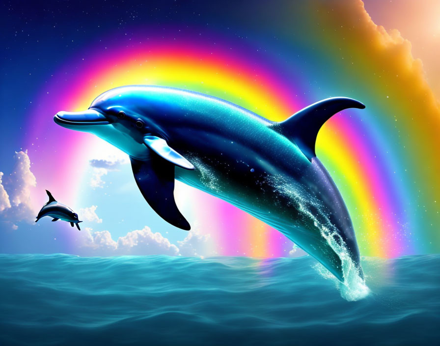 Colorful Dolphins Leaping Over Ocean with Rainbow and Starry Sky