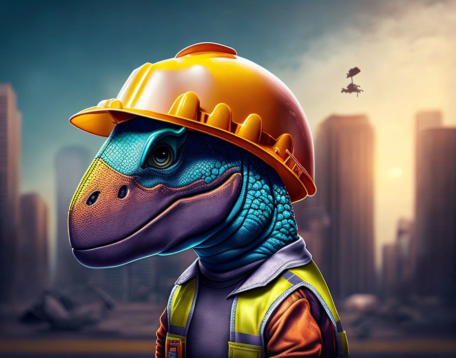 Velociraptor in hard hat and high-visibility jacket in city scene.