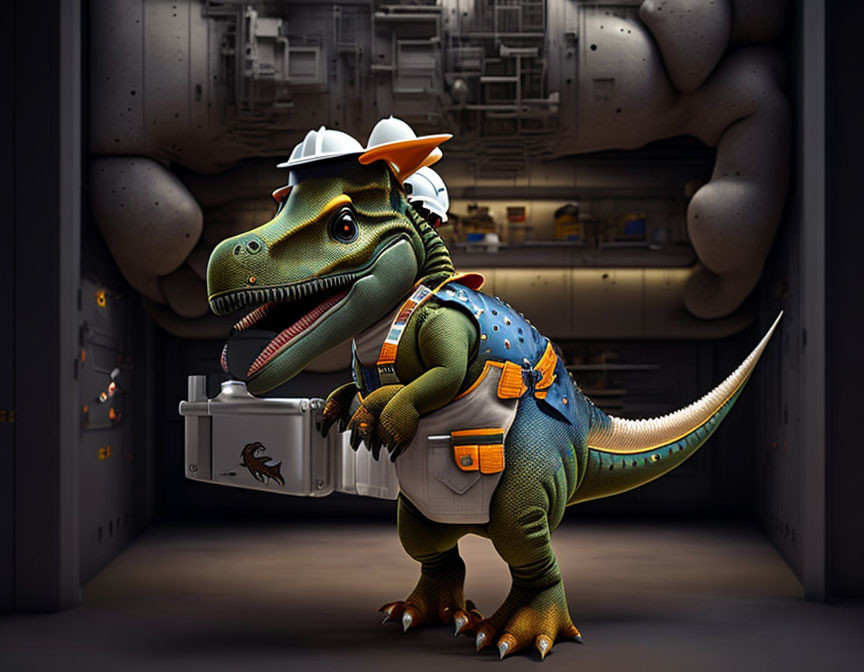 Anthropomorphic dinosaur in hard hat and overalls with toolbox in industrial scene