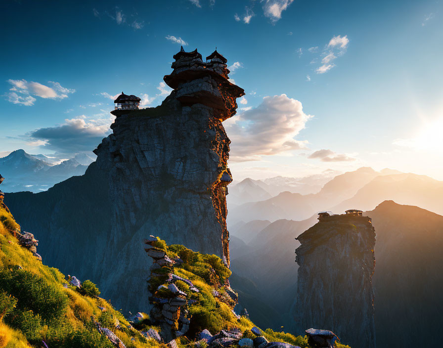 Mountain Peak with Traditional Structures at Sunset Sky & Lush Greenery