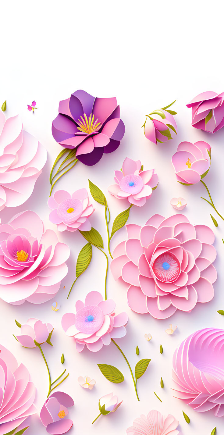 Stylized 3D pink paper flowers and leaves on white background