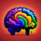 Vibrant human brain illustration with rainbow gradient on red background