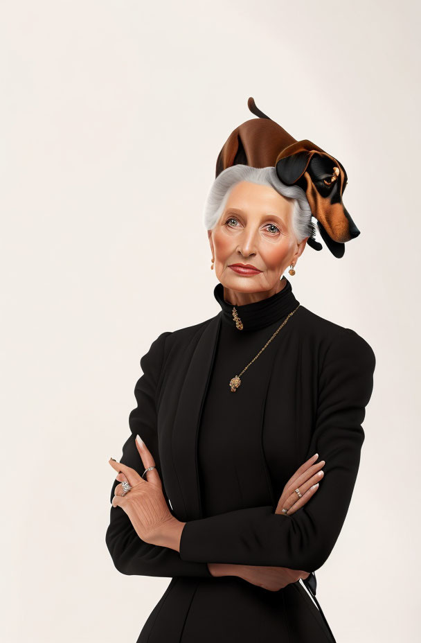 Elderly Woman in Black Outfit with Dog's Head Superimposed