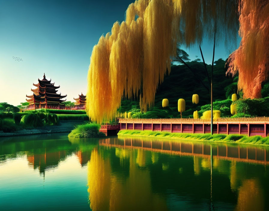 Tranquil lake with Asian pagoda, willow trees, red bridge under blue sky