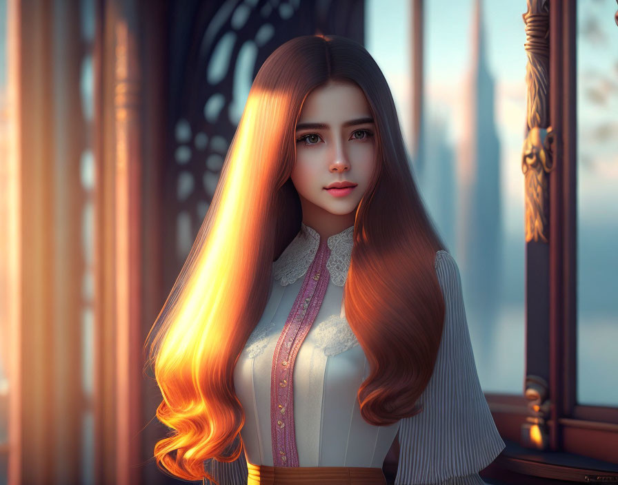 Digital Artwork: Woman with Long Hair by Window and Cityscape