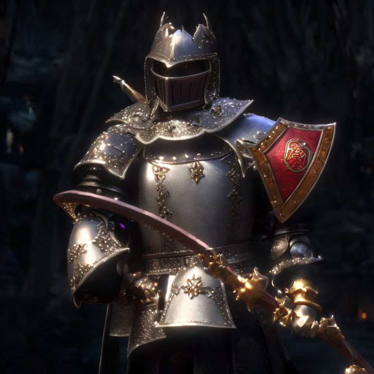 Medieval knight in shiny armor with sword and shield