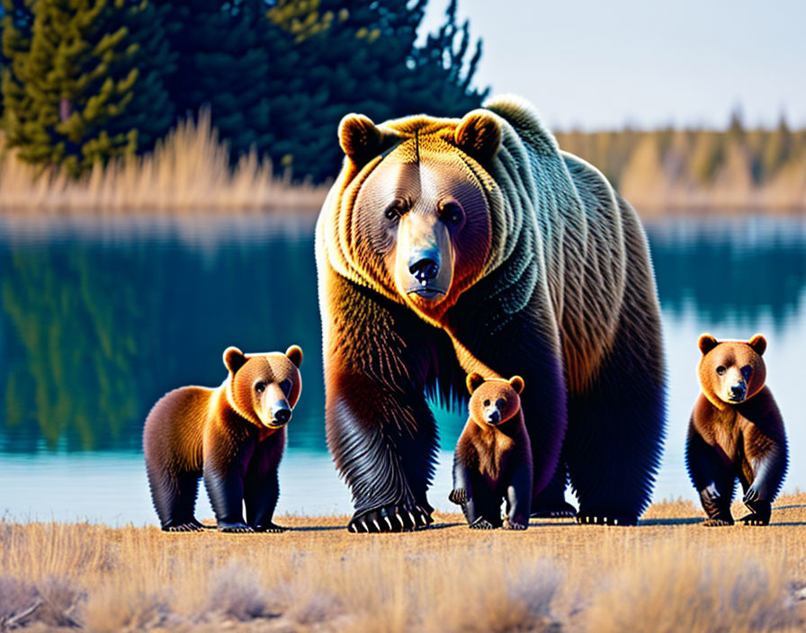 Mother Bear with Three Cubs at Lake Surrounded by Pine Trees