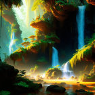 Vibrant jungle with waterfalls, greenery, islands, and light beams