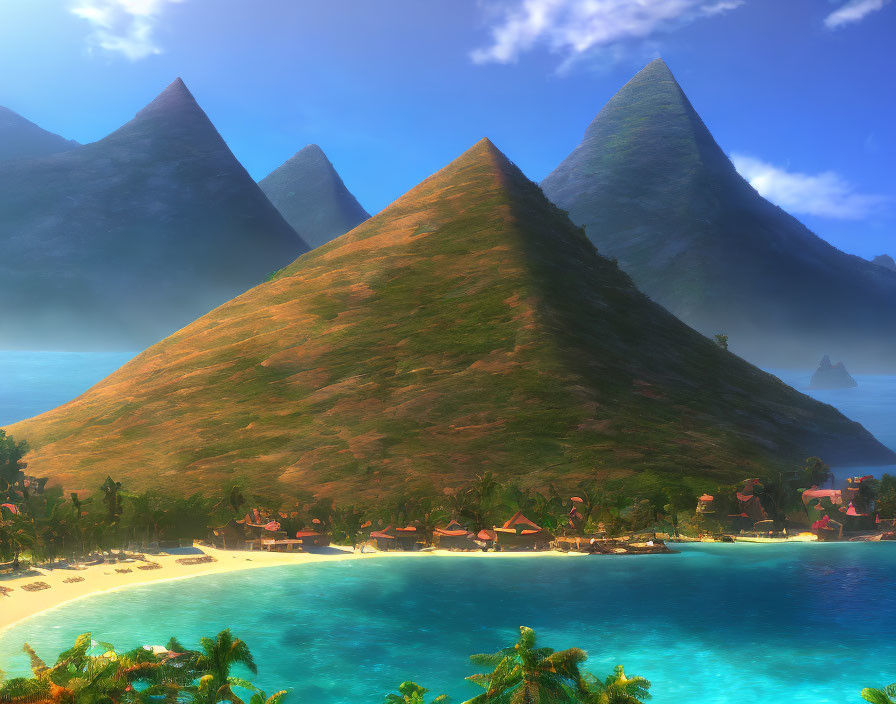 Tropical landscape with sharp mountain peaks and sunny beach