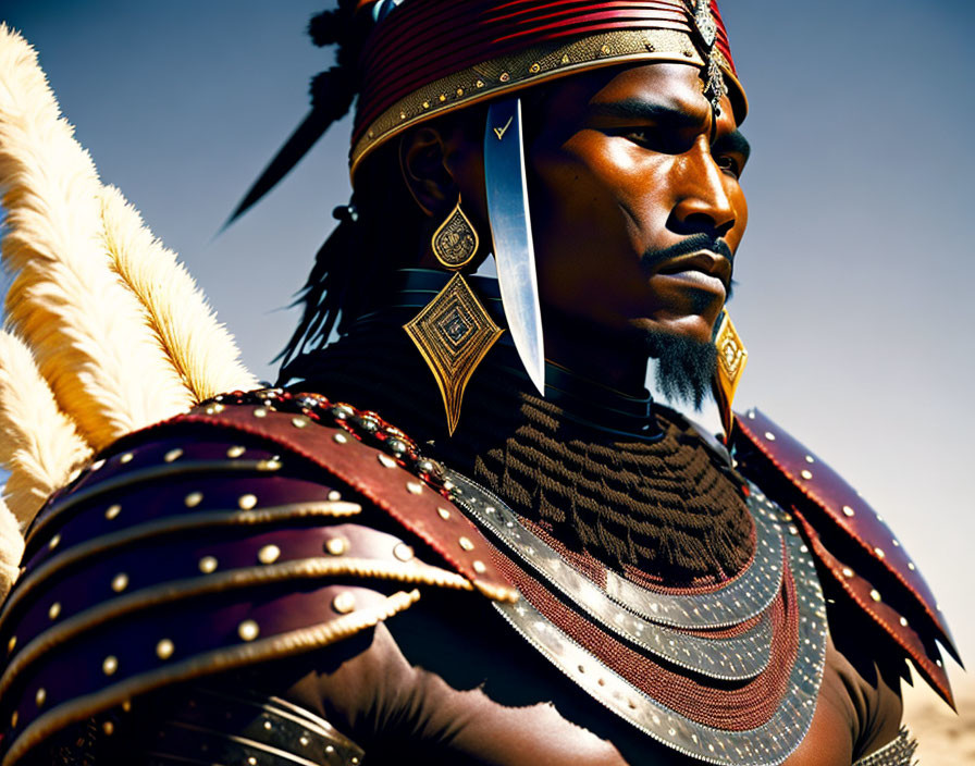 Traditional warrior attire with bead headband and feathered shoulder pads against blue sky