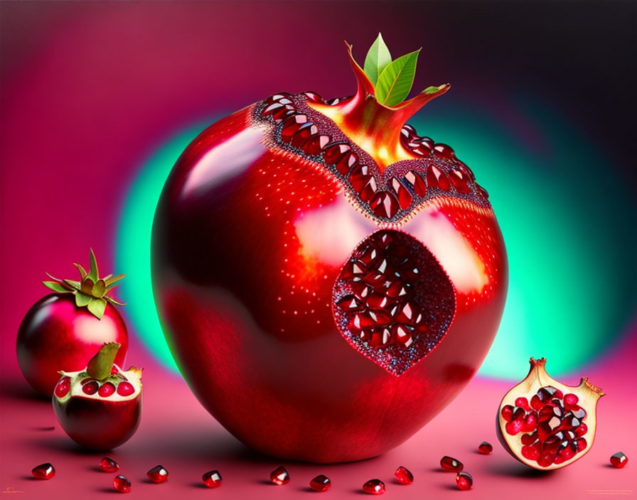 Colorful digital artwork showcasing oversized red pomegranates on neon background
