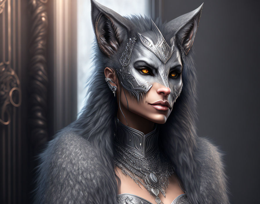 Anthropomorphic female figure in wolf-like armor and silver mask on dark background