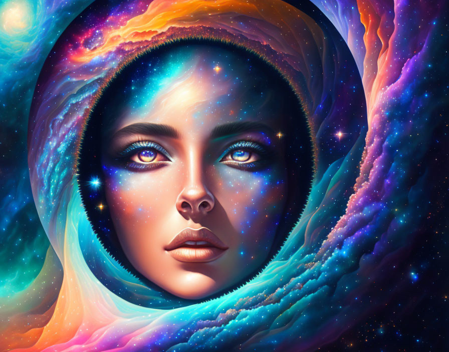 Vibrant surreal portrait of a woman with cosmic elements
