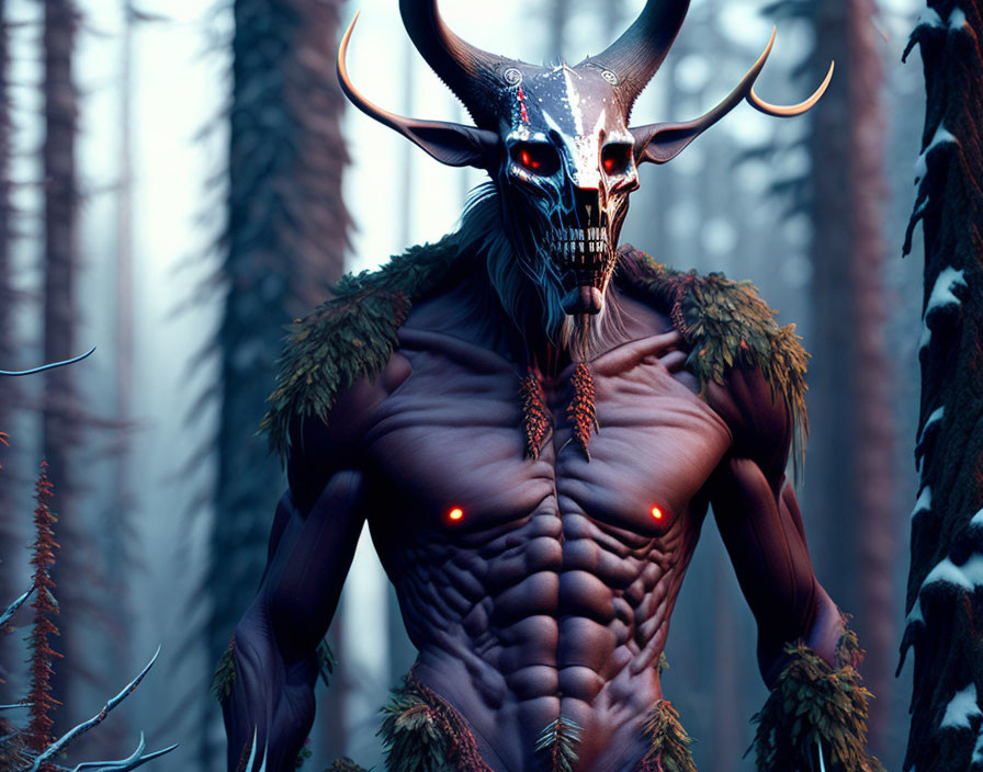 Menacing creature with skull-like face, glowing red eyes, and horns in foggy forest