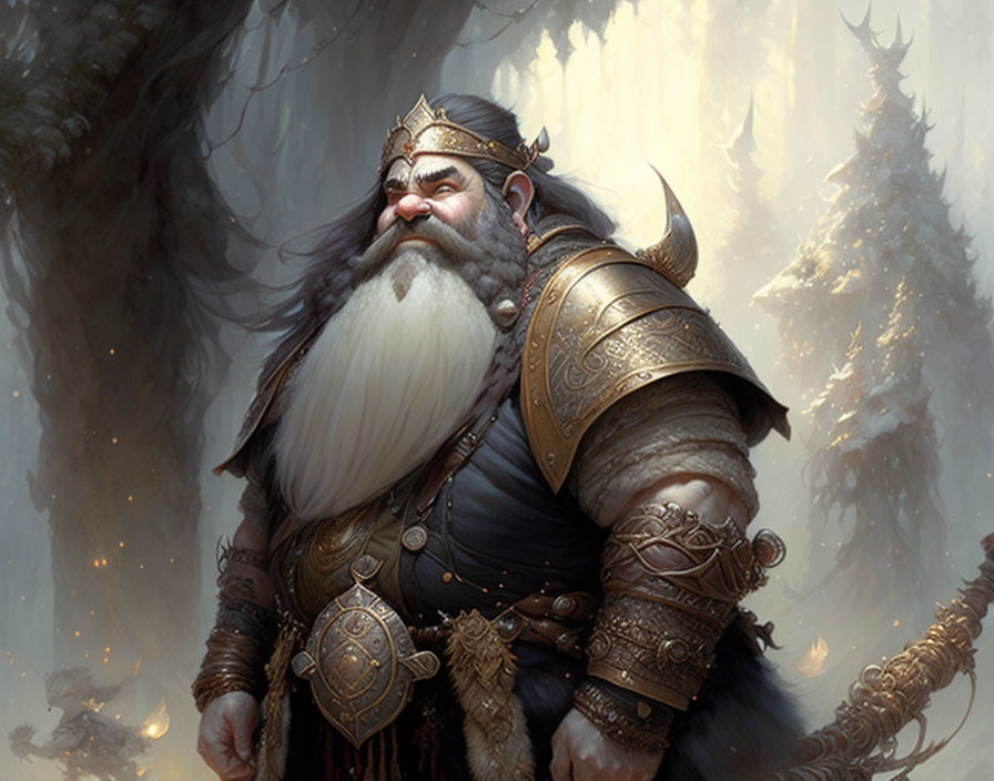 Bearded dwarf king in intricate armor in snowy forest