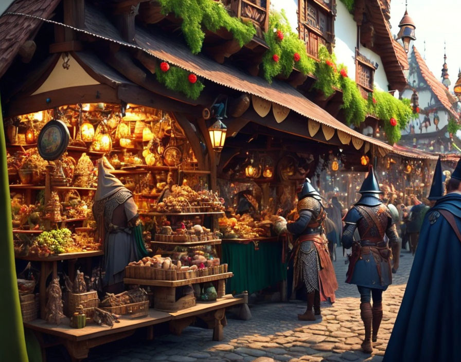 Medieval marketplace with vendors, knights, and lanterns