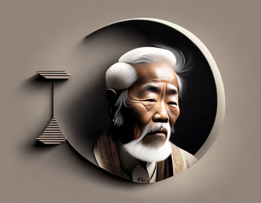 Elderly Asian man portrait with white hair and mustache in circular frame